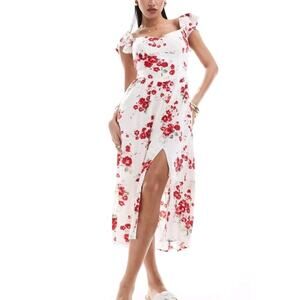 Hollister floral print flutter sleeve v-waist midi dress White Red Sz M (V5